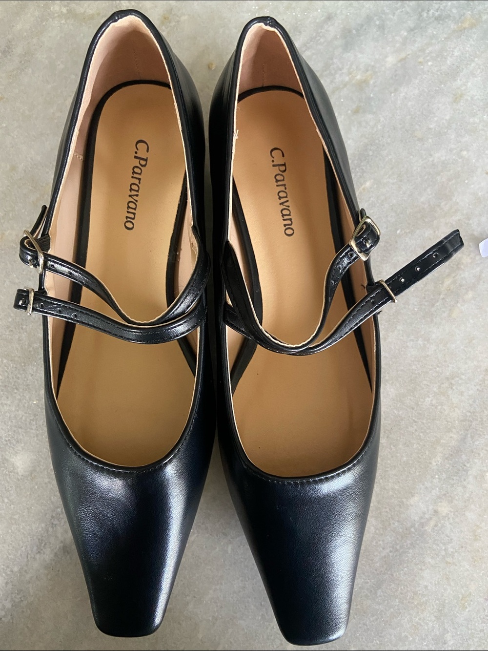 C. Paravano Black Double-Strap Mary Jane Kara with block heel size7.5